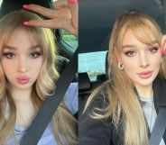 Trans influencer Grace Hyland poses in a car wearing a seatbelt