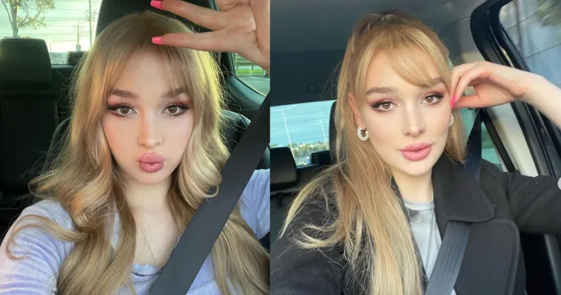 Trans influencer Grace Hyland poses in a car wearing a seatbelt