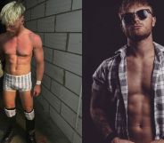 On the left Adam Bolt is pictured with a trophy wearing stripy underwear. On the right he is pictured wearing a plaid shirt that is open and he is wearing sunglasses.