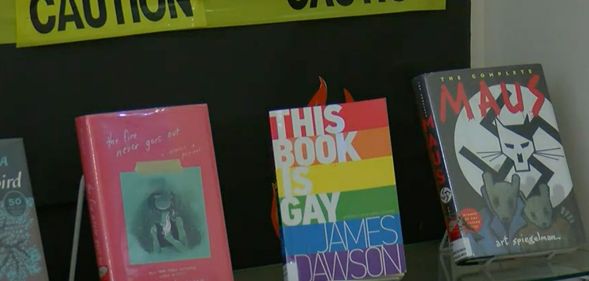 Several LGBTQ+ inclusive books are seen on a library shelf in Alabama
