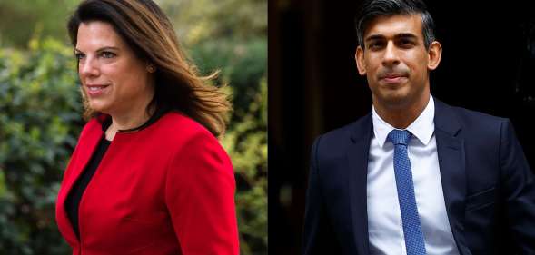 On the left, Caroline Nokes can be seen walking outdoors smiling while wearing a red blazer. On the right Rishi Sunak is walking out of Downing Street wearing a dark suit, a white shirt and a blue tie.