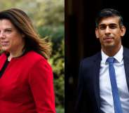 On the left, Caroline Nokes can be seen walking outdoors smiling while wearing a red blazer. On the right Rishi Sunak is walking out of Downing Street wearing a dark suit, a white shirt and a blue tie.
