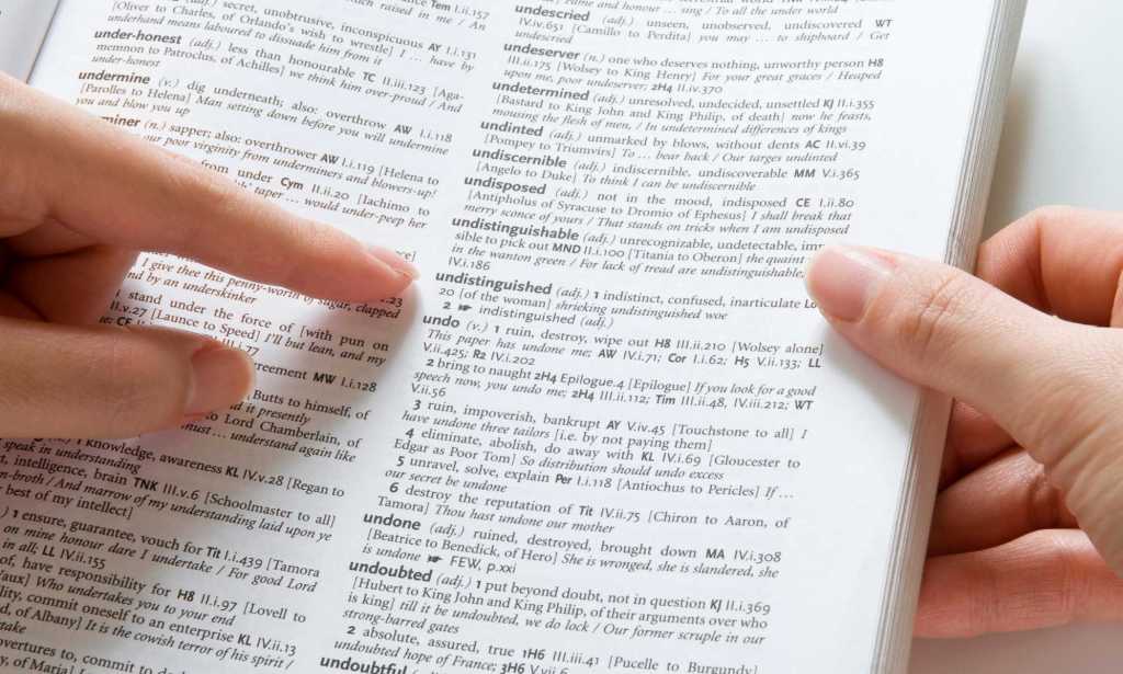 Person looking up words in a dictionary.