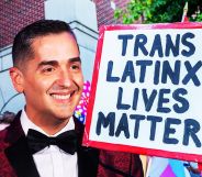 A graphic composed of a photo of Frankie Miranda, the first openly queer president of the Hispanic Federation; a sign reading 'Trans Latinx lives matter'; and Hispanic LGBTQ+ people gathered together in protest