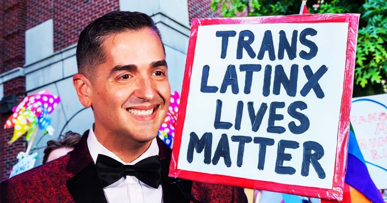 A graphic composed of a photo of Frankie Miranda, the first openly queer president of the Hispanic Federation; a sign reading 'Trans Latinx lives matter'; and Hispanic LGBTQ+ people gathered together in protest