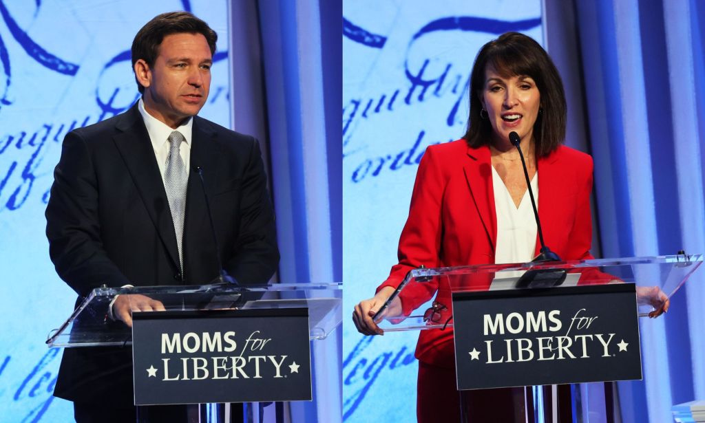 Side by side images of Florida governor Ron DeSantis and Tina Descovich, a co-founder of anti-LGBTQ+ group Moms for Liberty, standing at podiums