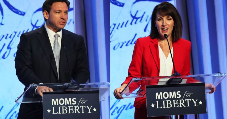 Side by side images of Florida governor Ron DeSantis and Tina Descovich, a co-founder of anti-LGBTQ+ group Moms for Liberty, standing at podiums