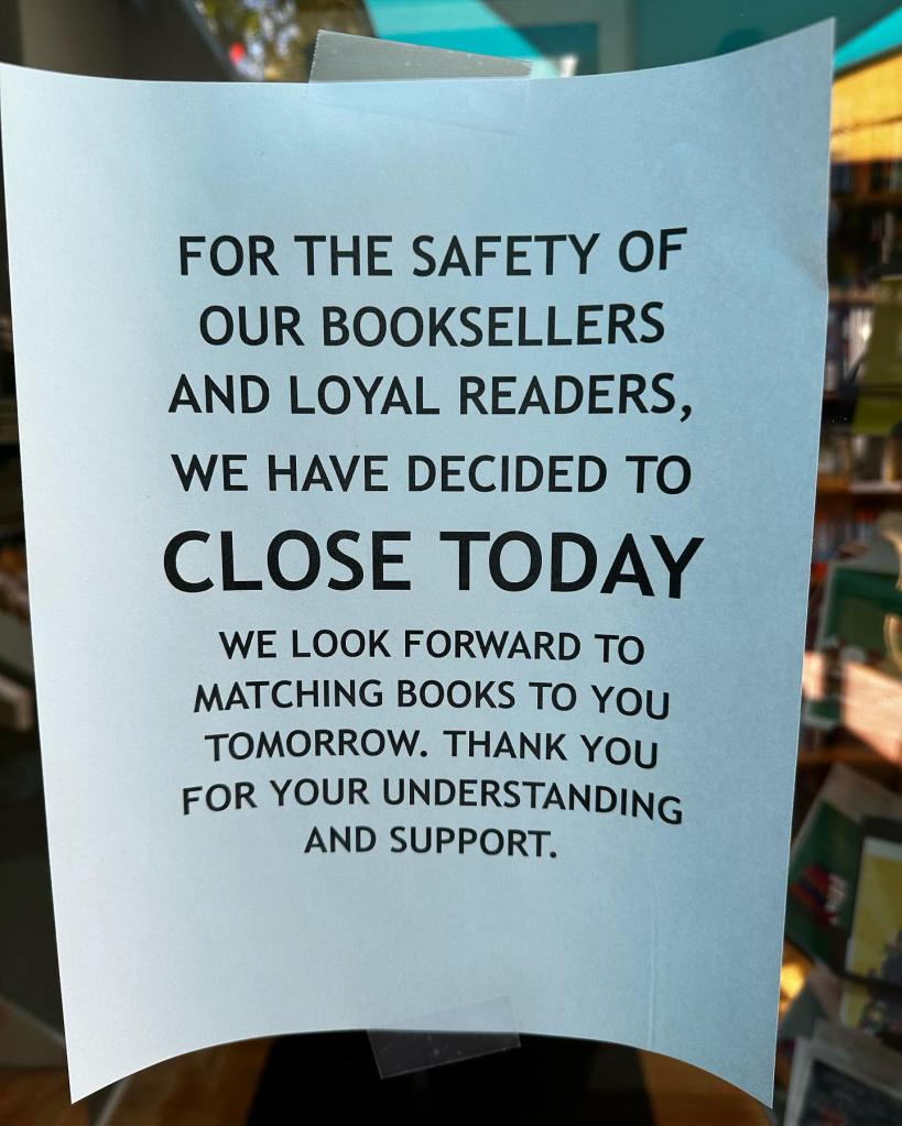 The King's English Bookstore in Salt Lake City, Utah posts a notice to customers to let them know the shop is closed due to a bomb threat.