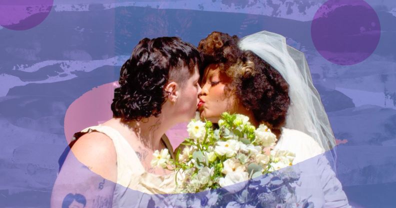 A graphic composed of a wedding image of queer, trans TikTok couple Grey and Grayson Prince kissing with blue and pink designs in the background
