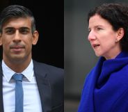 Rishi Sunak pictured leaving No 10 Downing Street on the left wearing a white shirt, a blue tie and a navy suit. On the right Labour's Anneliese Dodds is pictured wearing a blue jacket and speaking to reporters.