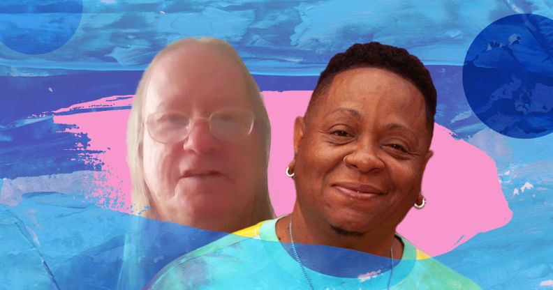 Pictures of trans elders Reina and Lonnie "Love" Kenebrew with graphic designs in both pink and blue behind them