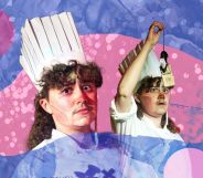 A graphic composed of images of trans drag king Percy Non Grata performing in a chef outfit with designs surrounding him in the colours blue and pink