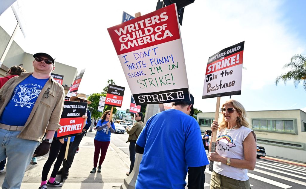 Writers walk the picket line on the second day of the television and movie writers' strike outside of Paramount Studios in Los Angeles, California.
