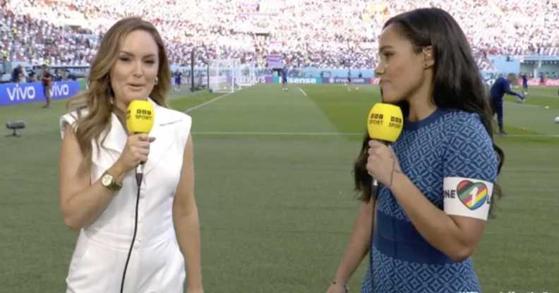 Alex Scott wears OneLove Armband at the FIFA World Cup in Qatar.