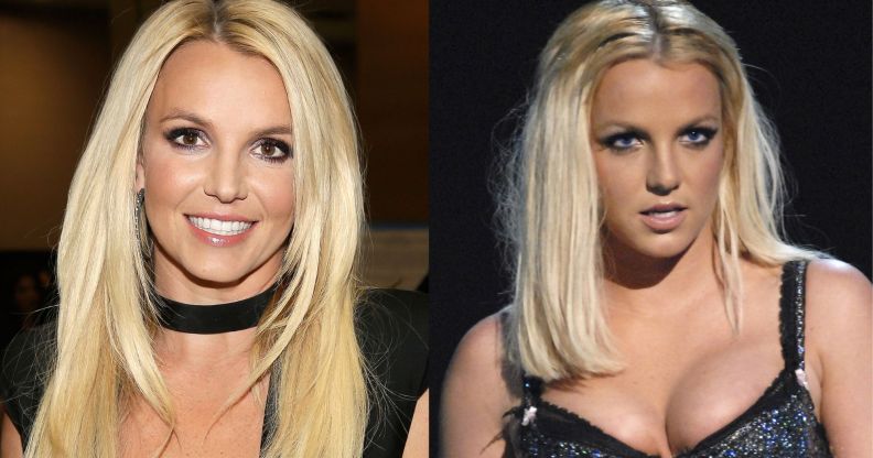 On the left, Britney Spears in 2013 smiling. On the right, Britney on stage during her 2007 VMA performance.