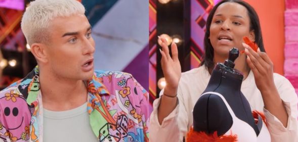 Stills from Drag Race UK season 5 episode two showing Tomara Thomas and Cara Melle arguing.