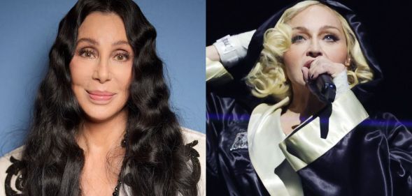 A composite image of Cher (left) and Madonna (right) performing on the Celebration Tour