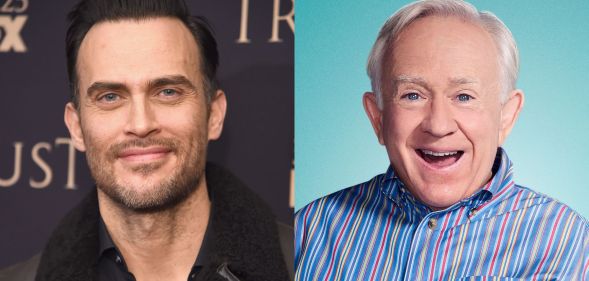 Cheyenne Jackson (left) smiles on the red carpet wearing a leather jacket. Leslie Jordan (right) smiles open mouthed wearing a striped shirt, stood against a blue background.
