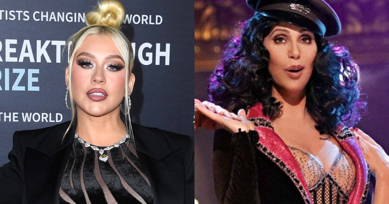 Christina Aguilera (L) dressed as Cher for Halloween.