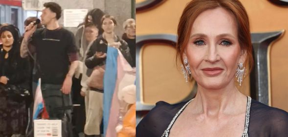 Composite image of cabaret group's protest and author JK Rowling