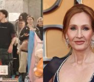 Composite image of cabaret group's protest and author JK Rowling