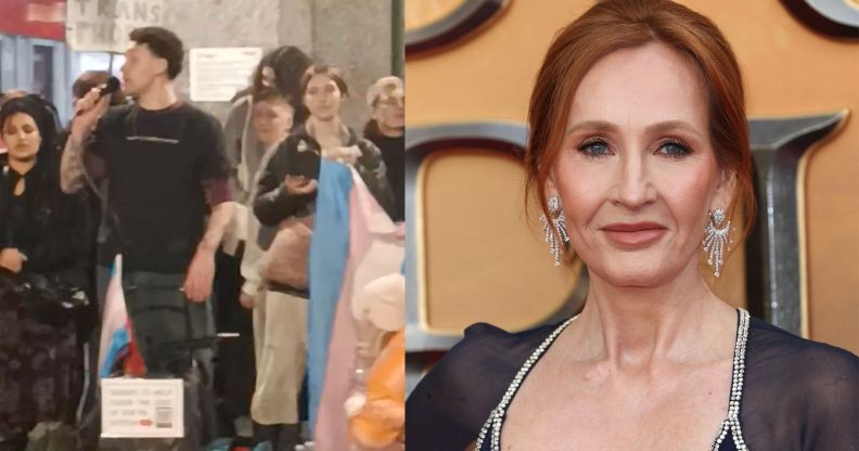 Composite image of cabaret group's protest and author JK Rowling