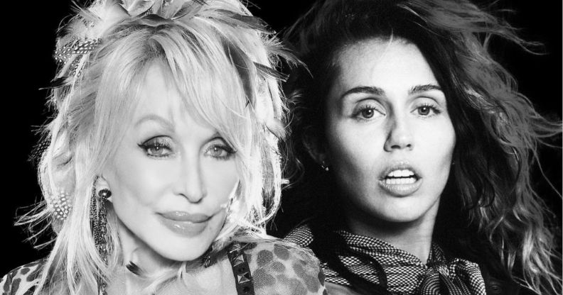 A photo of Dolly Parton next to Miley Cyrus in black and white.
