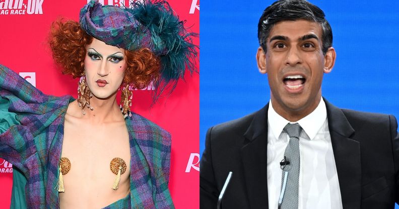 On the left, Drag Race UK S5 star Banksie. On the right, Rishi Sunak.