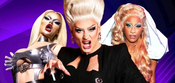 A composite image of RuPaul's Drag Race UK stars Krystal Versace (left) and Ella Vaday (centre) with Canada's Drag Race winner Priyanka (right)