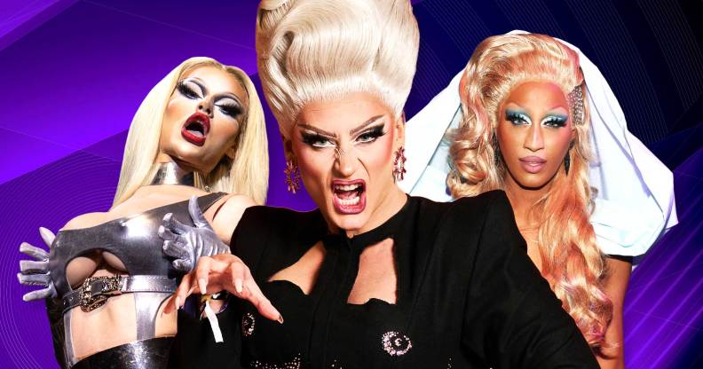 A composite image of RuPaul's Drag Race UK stars Krystal Versace (left) and Ella Vaday (centre) with Canada's Drag Race winner Priyanka (right)