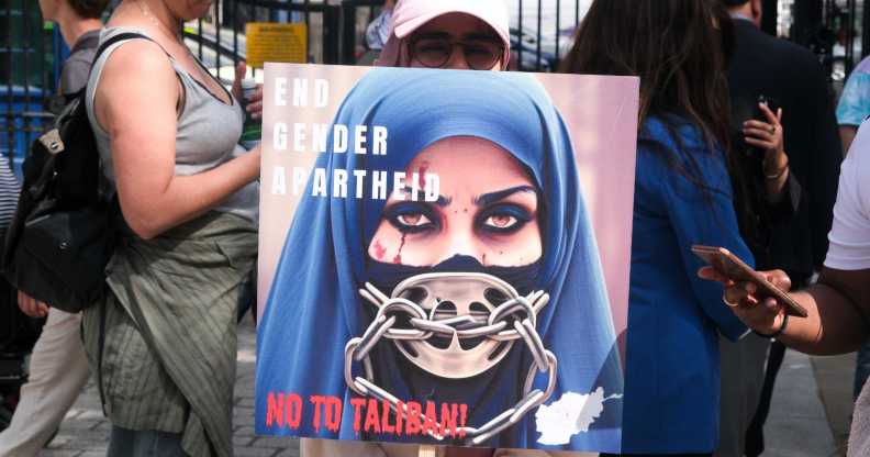 Protesters In London against the Taliban, two years after they retook power in Afghanistan.