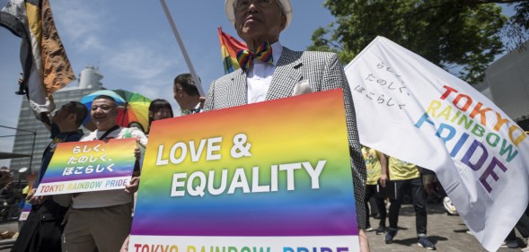 Participants march in the Tokyo Rainbow Pride parade on the streets of Tokyo, Japan on 6 May 2018