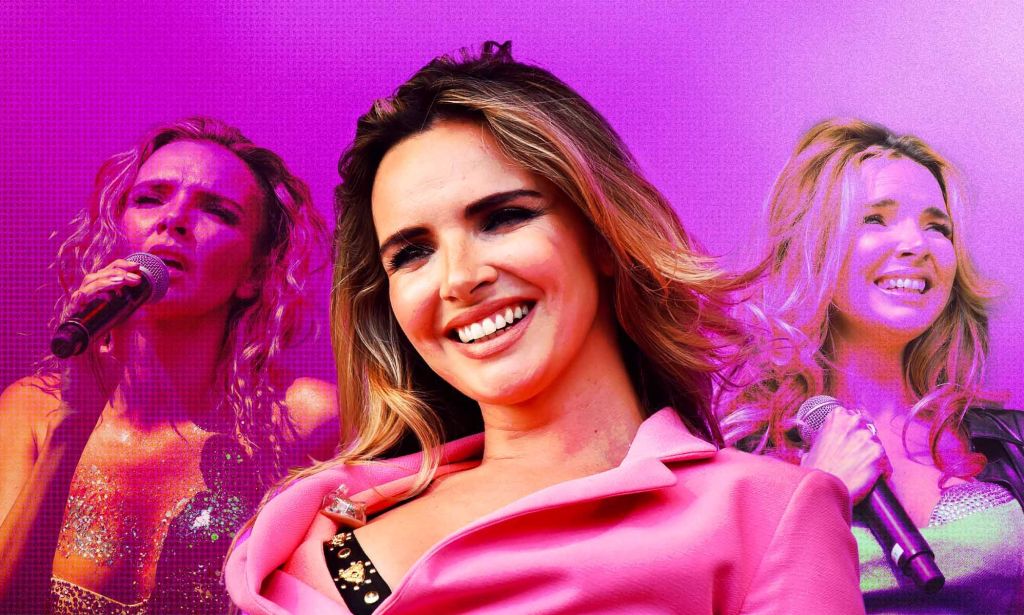 Three photos of Girls Aloud star Nadine Coyle performing. The images are against a pink background.