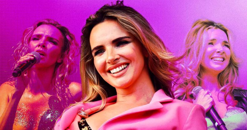 Three photos of Girls Aloud star Nadine Coyle performing. The images are against a pink background.