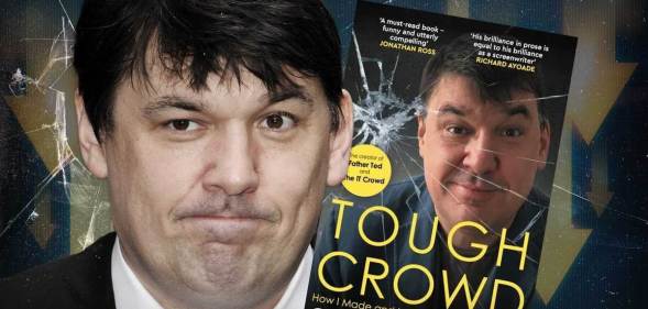 An edited photo of Graham Linehan next to his book.
