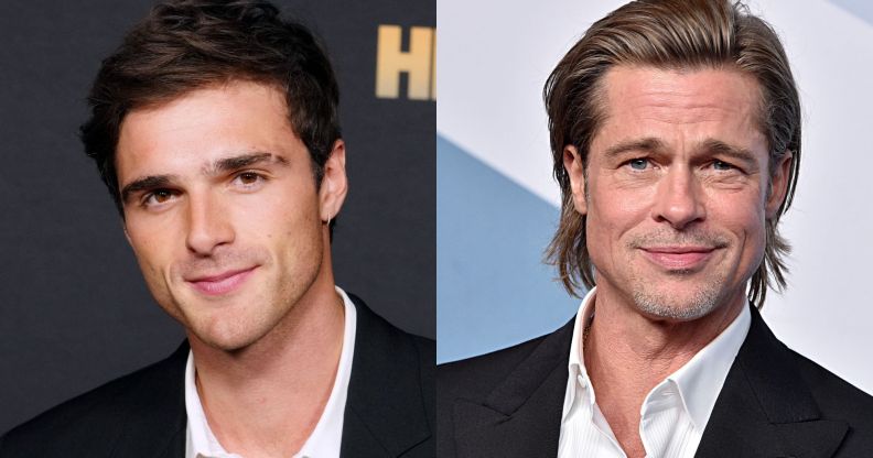 On the left, Jacob Elordi. On the right, Brad Pitt. Both men are wearing black blazer suits and white shirts.