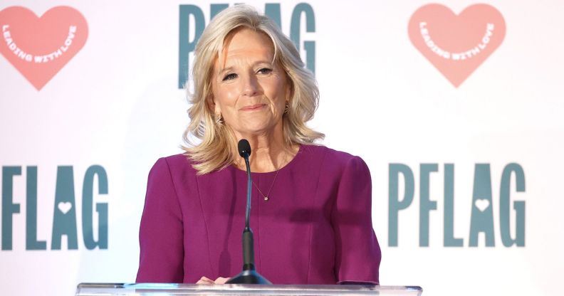 First Lady of the United States Jill Biden speaks on stage during Learning With Love: The 2023 PFLAG National Convention in Washington DC