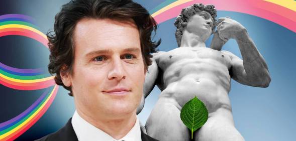 A composite image of Jonathan Groff and the statue of David