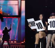 Madonna with her daughter Lourdes and son David on stage for her Celebration Tour.