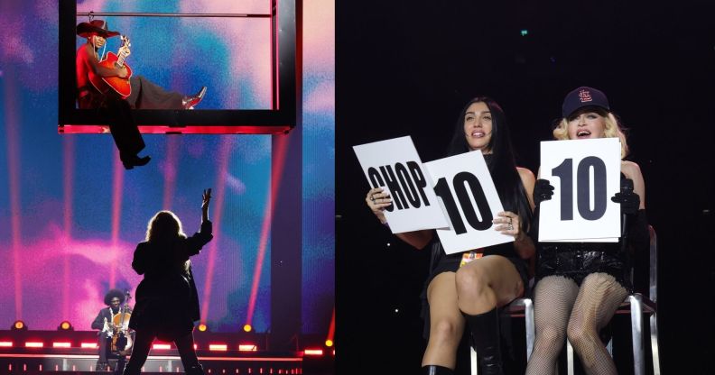 Madonna with her daughter Lourdes and son David on stage for her Celebration Tour.