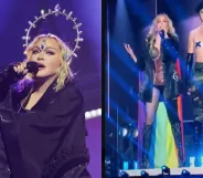 Madonna wears a Progress Pride Flag on stage at the Celebration Tour.
