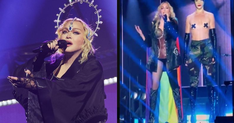 Madonna wears a Progress Pride Flag on stage at the Celebration Tour.