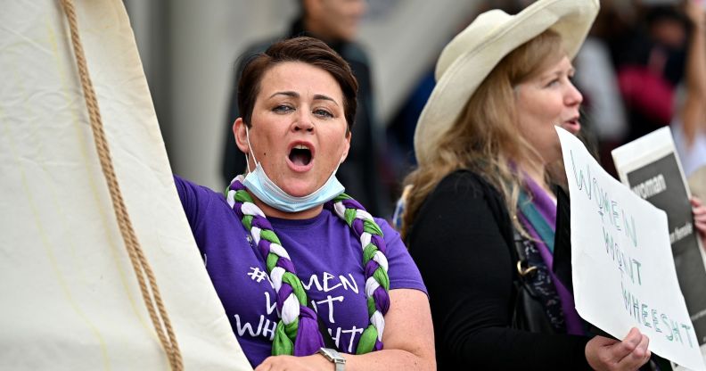 Anti-trans campaigner Marion Millar takes part in a woman’s rights demo organised by Women Wont Wheesht on September 02, 2021 in Edinburgh, Scotland