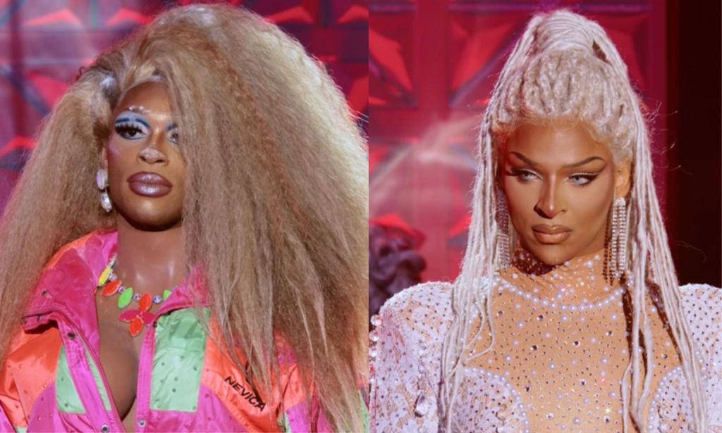 Drag race uk queens Miss Naomi Carter and Cara Melle prepare to lip-sync.