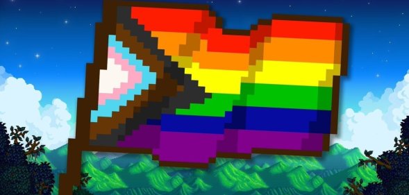 Image shows a pixellated LGBTQ+ flag, flown in the game Stardew Valley