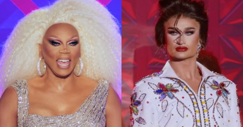 Stills from Drag Race UK season 5 episode 3 featuring RuPaul and Tomara Thomas.