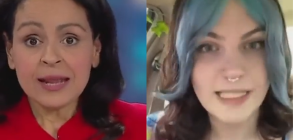 A split image of Sky News journalist Rita Panahi and a trans woman in a viral clip.