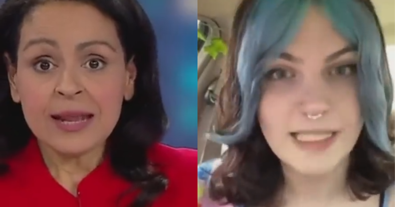 A split image of Sky News journalist Rita Panahi and a trans woman in a viral clip.