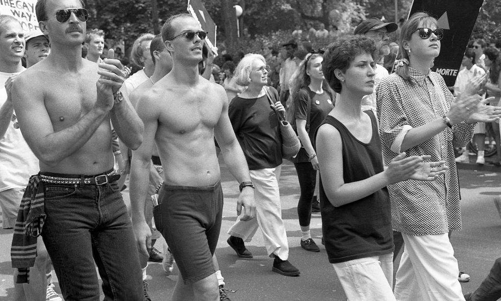 Protestors during an LGBTQ+ rights Pride parade in 1989.