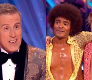 Strictly Come Dancing judge Anton Du Beke (left) talks to contestant Layton Williams (middle) and dance partner Nikita Kuzmin (right)